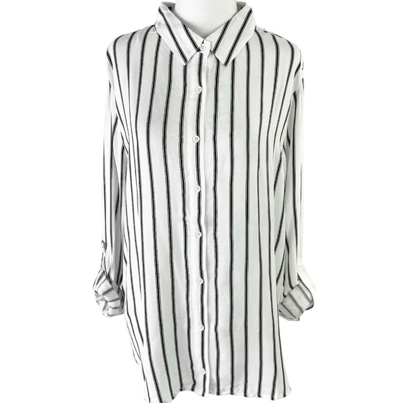 Lumiere Tops - New Lumiere Striped Roll Tab Sleeve Button Down Shirt White Black Size Small